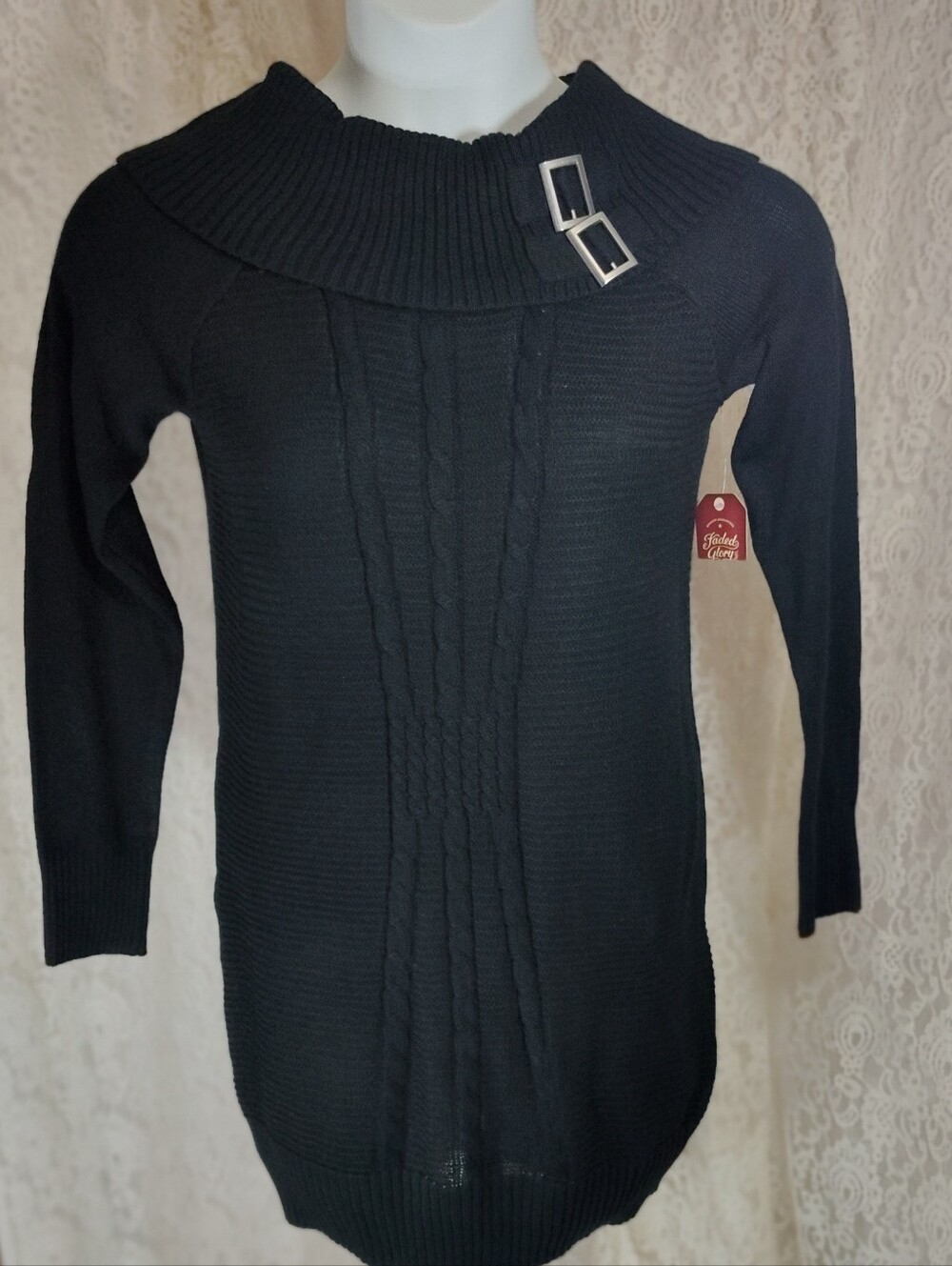 Rich Black Cable Knit Sweater Boot Dress Tunic with Buckle Detail